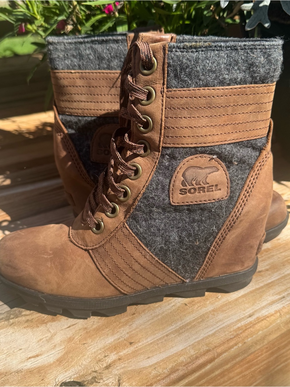 Sorel Brown and Gray Wedge Lace-Up Boots
